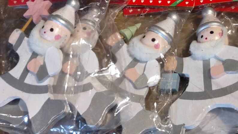 Lot 7 Vintage Christmas Tree Ornaments. Old Store Stock in Original Packages. White Wooden Elf. Elves. Shabby Pink, Mint Green, Baby Blue. - Sloth Candle Co.
