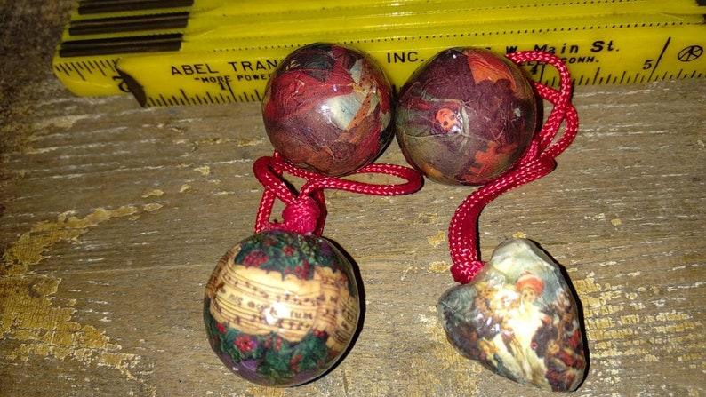 Lot 4 Vintage Christmas Mini Decoupage Ornaments. Tiny Miniature Tree Ornaments. Faux Victorian Scrap style. - Sloth Candle Co.