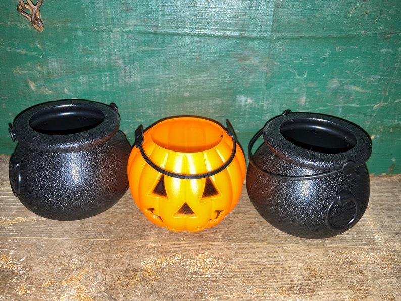Lot of 3 Miniature Plastic Blow Mold Pumpkin Halloween Jack o Lantern Treat Pails. Tiny Cauldron and Jack o Lantern Goody Baskets. - Sloth Candle Co.