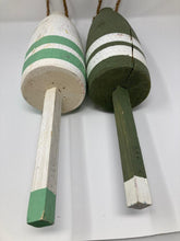 Load image into Gallery viewer, Choice of ONE Maine Lobster Buoy. WOODEN Buoy from Maine Lobster Boats. Numbered. Green and White Stripes. Nautical Christmas. - Sloth Candle Co.
