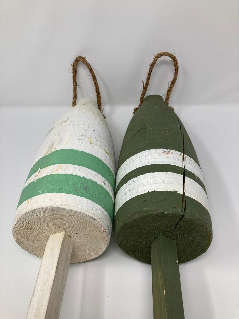 Choice of ONE Maine Lobster Buoy. WOODEN Buoy from Maine Lobster Boats. Numbered. Green and White Stripes. Nautical Christmas. - Sloth Candle Co.