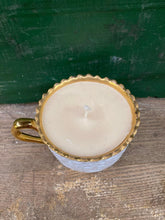Load image into Gallery viewer, ooak Apulum Lucru Manual Teacup Goldplated, Footed, Scallop Edged Textured Porcelain Tea Cup. No saucer. Pumpkin Patch Scented Candle.
