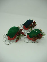 Load image into Gallery viewer, OOAK Christmas Balsam Scented Pincushion. Handcrafted Santa&#39;s Sleigh Pin Cushion stuffed with Maine Balsam Fir Needles..
