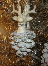 Load image into Gallery viewer, OOAK Shabby White Deer Pinecone Fairy Christmas Ornament. White Pine Cone Ornament.
