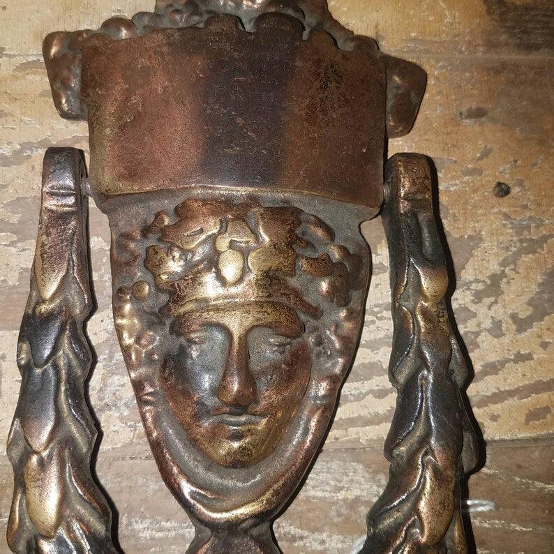 Ornate Antique Doorknocker. Vintage Solid Cast Bronze. Greco-Roman Deity Face. Copper finish.