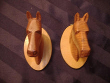 Load image into Gallery viewer, Pair Vintage Handmade Carved Mounted Wooden Horse Heads. Hooks. Signed and Dated. 3&quot; x 3&quot; Whittled by someone&#39;s Grampy!
