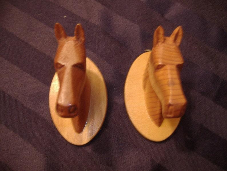 Pair Vintage Handmade Carved Mounted Wooden Horse Heads. Hooks. Signed and Dated. 3