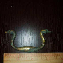 Load image into Gallery viewer, Salvage. Antique Brass Hardware SINGLE Bail Handle Part. Salvaged. Incomplete, for repurposing. Solid Brass Swan head bail. Smaller sized.
