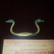 Load image into Gallery viewer, Salvage. Antique Brass Hardware SINGLE Bail Handle Part. Salvaged. Incomplete, for repurposing. Solid Brass Swan head bail. Smaller sized.

