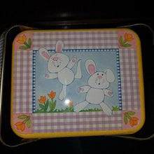 Load image into Gallery viewer, Vintage 1985 Easter Picnic Basket Tin w/ 2 Handles Bunnies Pastel Colors Lunch Pail
