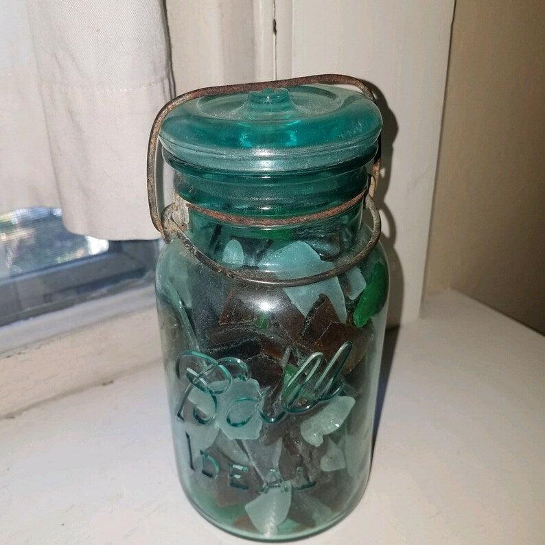 Vintage Aqua Ball Ideal Canning Jar Quart Full of Scavenged SEA GLASS