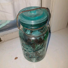 Load image into Gallery viewer, Vintage Aqua Ball Ideal Canning Jar Quart Full of Scavenged SEA GLASS
