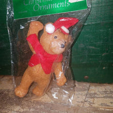 Load image into Gallery viewer, Vintage Flocked Xmas Ornament in original package. Flocked Santa Teddy Bear. 1980&#39;s Christmas Ornament. Unopened.
