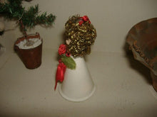 Load image into Gallery viewer, Vintage Japan Xmas Angel Head Bell. Angel Figure Tree Topper Gold Tinsel Wire Hair Curls Heart Lips Bouquet Roses. Handpainted Face.
