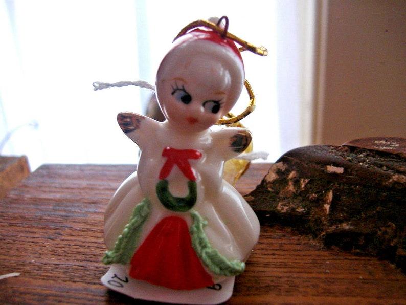 Vintage Japan Xmas Angel Porcelain Figure Spaghetti Trim Tiny Ornament ADORABLE 2