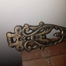 Load image into Gallery viewer, Vintage or Antique Salvaged Ornamental Metal Backplate for Upcycling. 13.5 inches. Antique Gold Finish. Hollywood Regency.
