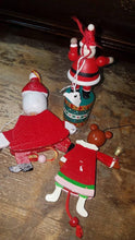 Load image into Gallery viewer, Vintage Pre-Owned Wooden Ornaments Wood Toys. Teddy Bear Mrs. Claus, Santa, push button base. Pull Toy Puppet Ornament.
