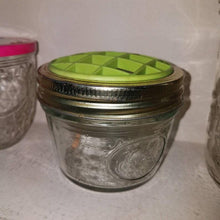 Load image into Gallery viewer, Vintage small canning jar flower frog. Green plastic flower frog lid. 1 cup size Jelly Jar.
