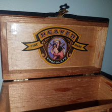 Load image into Gallery viewer, Vintage Wooden Cigar Box. Not cardboard. Heaven Chocolate Cigars. Smaller size cigars box. Great for diorama
