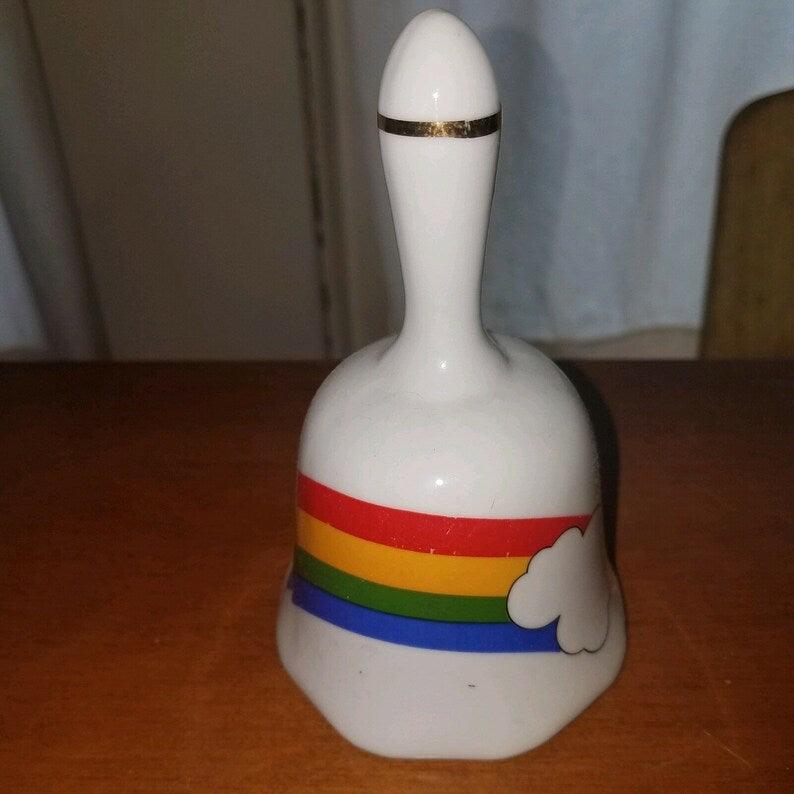 Vtg 1980's Rainbow Porcelain Bell. Ceramic Gold Trim Original Clapper NO DAMAGE. Pride. LGBTQIA