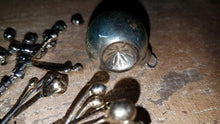Load image into Gallery viewer, Vtg MINI Feather Tree Glass Ball Ornaments Blown Glass. Blue, Silver, Gold. Loose Beads. Xmas Balls. As Is. CRAFT LOT. Double Indent.
