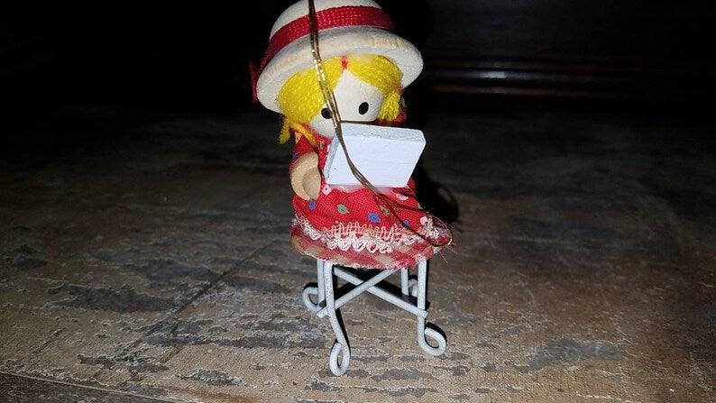 Vtg Xmas Ornament Country Doll on White Wire Ice Cream Shop Stool. Dollhouse Furniture, Mini for diorama, etc...